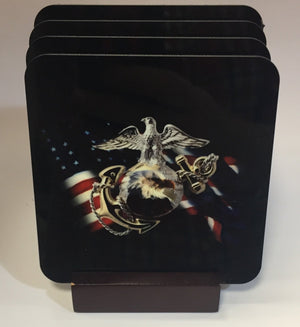 USMC - U.S. Marines Coasters - Set of 4 (with Mahogany Display Stand)